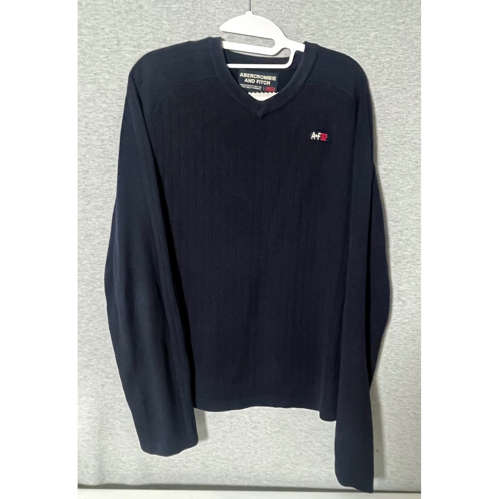 Vintage Abercrombie and Fitch Mens Navy V-Neck Ribbed Knit Sweater Logo Lg Y2K
